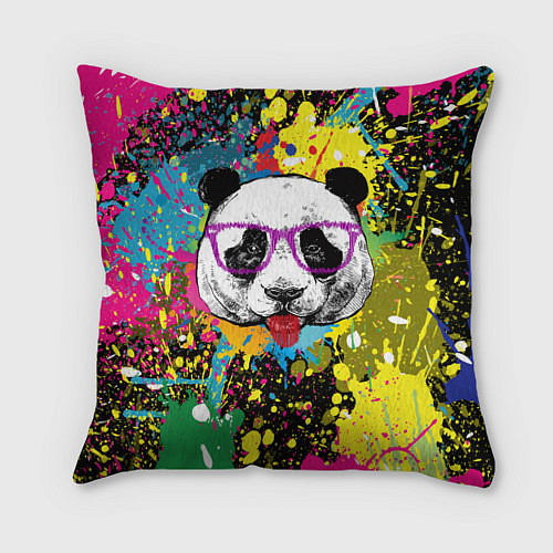 Подушка квадратная Панда хипстер в брызгах краски / 3D-принт – фото 1
