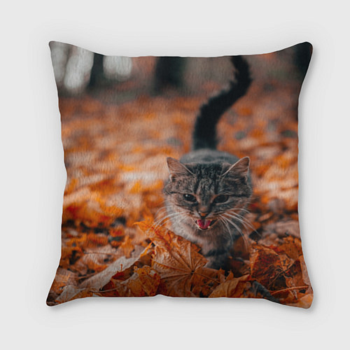 Подушка квадратная Мяукающий кот осенние листья / 3D-принт – фото 1