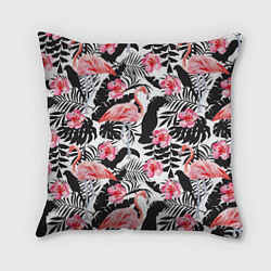 Подушка квадратная Фламинго и попугаи, цвет: 3D-принт