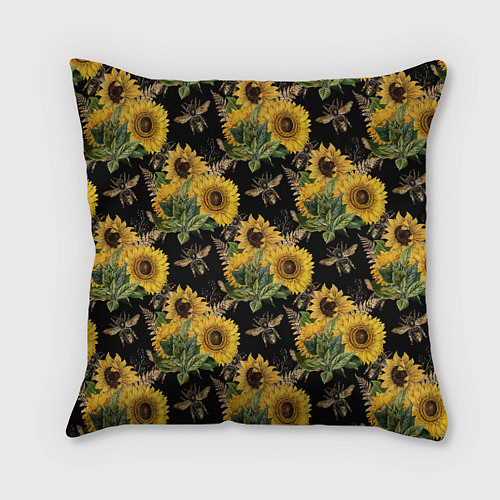 Подушка квадратная Fashion Sunflowers and bees / 3D-принт – фото 1