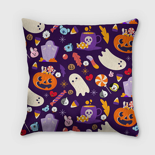 Подушка квадратная HALLOWEEN BTS BT21 PATTERN БТ21 БТС ХЕЛЛОУИН / 3D-принт – фото 1