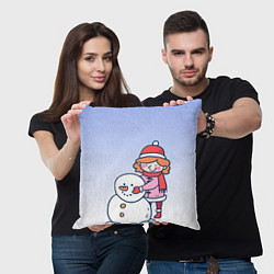 Подушка квадратная Девочка лепит снеговика, цвет: 3D-принт — фото 2