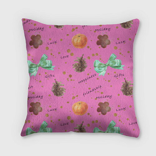 Подушка квадратная Розовый принт к любому зимнему празднику, с позити / 3D-принт – фото 1