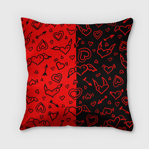 Подушка квадратная Черно-Красные сердца с крылышками / 3D-принт – фото 1
