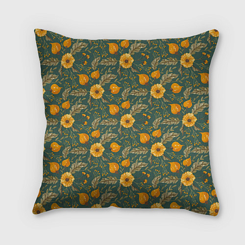 Подушка квадратная Желтые цветочки и листья / 3D-принт – фото 1