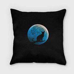 Подушка квадратная Силуэт кота на фоне синей луны, цвет: 3D-принт