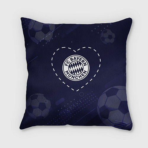 Подушка квадратная Лого Bayern в сердечке на фоне мячей / 3D-принт – фото 1