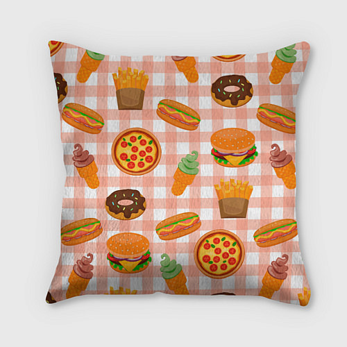 Подушка квадратная PIZZA DONUT BURGER FRIES ICE CREAM pattern / 3D-принт – фото 1