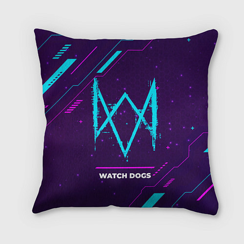 Подушка квадратная Символ Watch Dogs в неоновых цветах на темном фоне / 3D-принт – фото 1