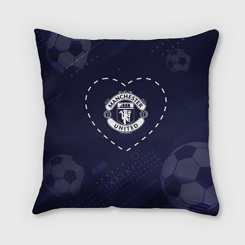 Подушка квадратная Лого Manchester United в сердечке на фоне мячей / 3D-принт – фото 1