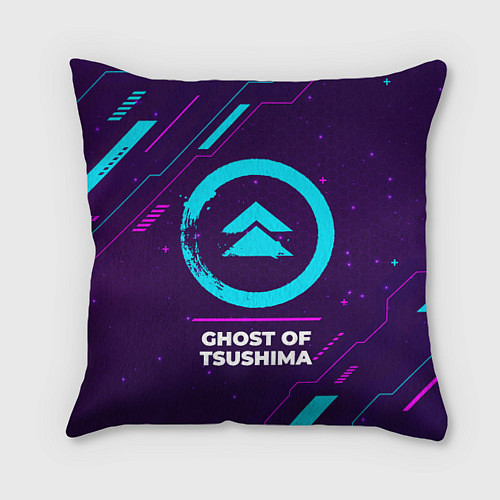 Подушка квадратная Символ Ghost of Tsushima в неоновых цветах на темн / 3D-принт – фото 1