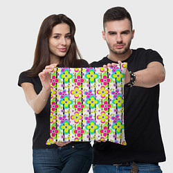 Подушка квадратная Цветочный ретро узор в неоновых тонах, цвет: 3D-принт — фото 2