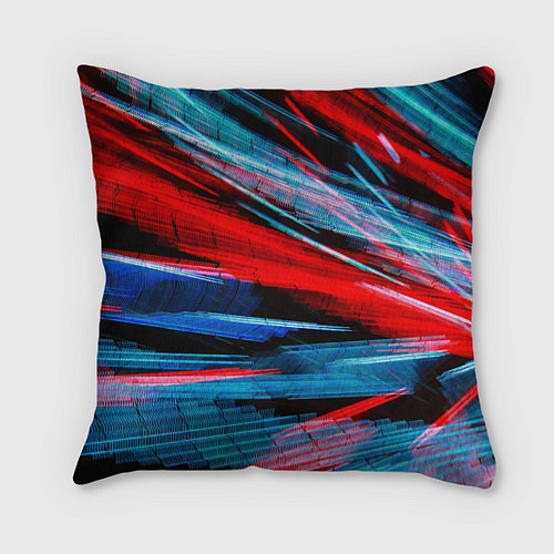 Подушка квадратная Неоновые прерывающиеся линии - Красный и голубой / 3D-принт – фото 1