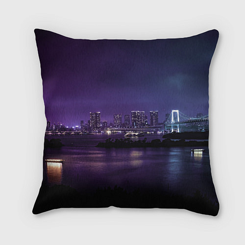 Подушка квадратная Неоновый город с рекой - Фиолетовый / 3D-принт – фото 1