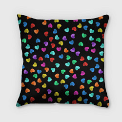 Подушка квадратная Сердечки разноцветные на черном, цвет: 3D-принт