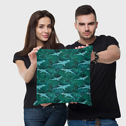 Подушка квадратная Акулы не темно бирюзовом фоне, цвет: 3D-принт — фото 2