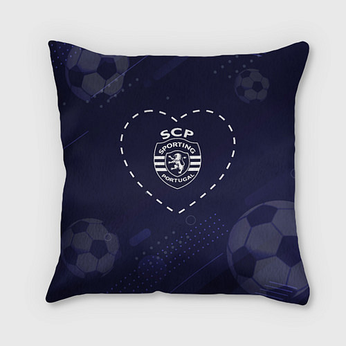 Подушка квадратная Лого Sporting в сердечке на фоне мячей / 3D-принт – фото 1