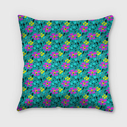 Подушка квадратная Яркий цветочный узор на бирюзовом фоне, цвет: 3D-принт