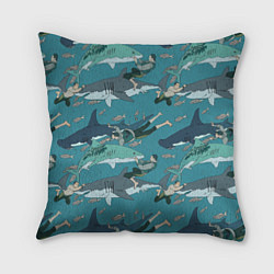 Подушка квадратная Ныряльщики и акулы - паттерн, цвет: 3D-принт