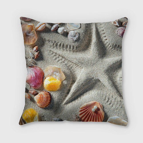Подушка квадратная Звезда из песка, ракушки и две жемчужины / 3D-принт – фото 1