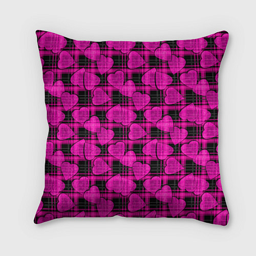 Подушка квадратная Black and pink hearts pattern on checkered / 3D-принт – фото 1