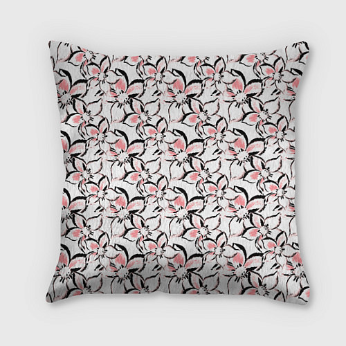 Подушка квадратная Бело-розовые цветы с черной обводкой / 3D-принт – фото 1