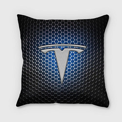 Подушка квадратная Tesla - металлический логотип на сетке, цвет: 3D-принт