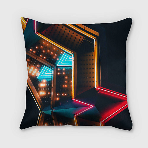 Подушка квадратная Неоновые огни на геометрических поверхностях / 3D-принт – фото 1