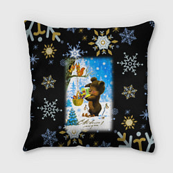 Подушка квадратная Новый год мишка угощает белочек, цвет: 3D-принт