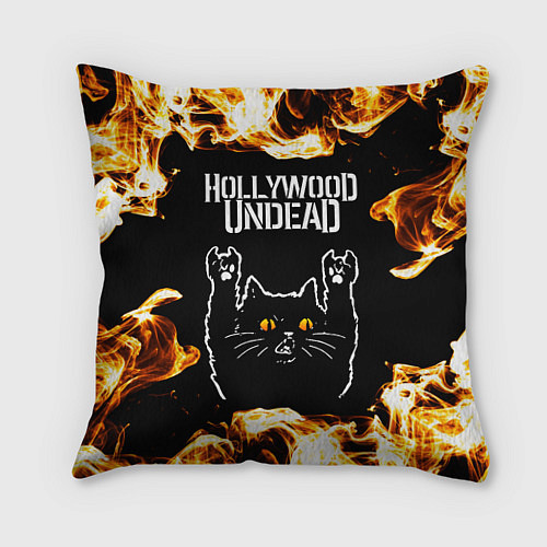 Подушка квадратная Hollywood Undead рок кот и огонь / 3D-принт – фото 1