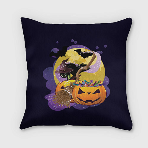 Подушка квадратная Чёрный котёнок и тыквы / 3D-принт – фото 1