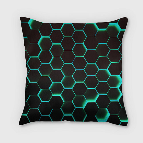 Подушка квадратная Соты на зеленом неоновом фоне / 3D-принт – фото 1