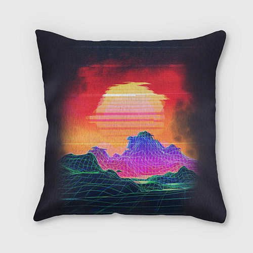 Подушка квадратная Синтвейв неоновые горы на закате / 3D-принт – фото 1