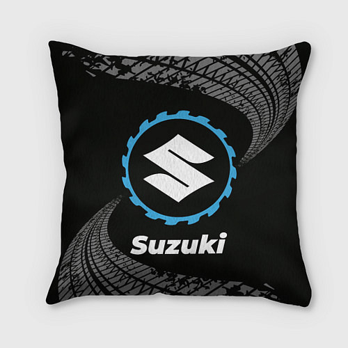 Подушка квадратная Suzuki в стиле Top Gear со следами шин на фоне / 3D-принт – фото 1