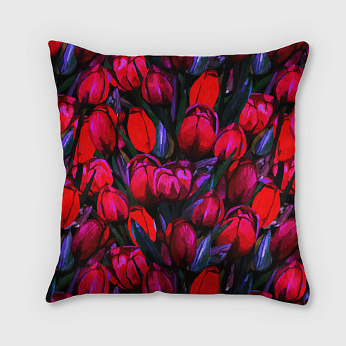 Подушка квадратная Тюльпаны - поле красных цветов / 3D-принт – фото 1