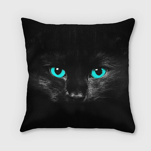 Подушка квадратная Чёрный кот с бирюзовыми глазами / 3D-принт – фото 1