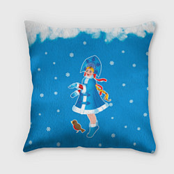 Подушка квадратная Снегурочка и снежинки, цвет: 3D-принт