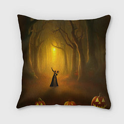 Подушка квадратная Ведьма в черном платье в заколдованном лесу с тыкв, цвет: 3D-принт
