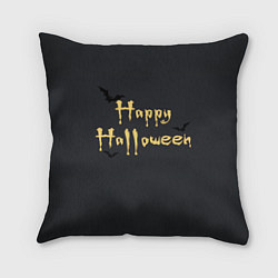 Подушка квадратная Happy Halloween надпись с летучими мышами, цвет: 3D-принт