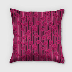 Подушка квадратная Малиновый полосатый узор с цветами анемонов