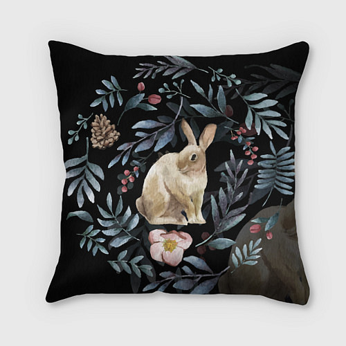 Подушка квадратная Новогодний кролик - Веточки и цветочки / 3D-принт – фото 1