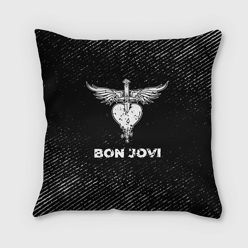 Подушка квадратная Bon Jovi с потертостями на темном фоне / 3D-принт – фото 1