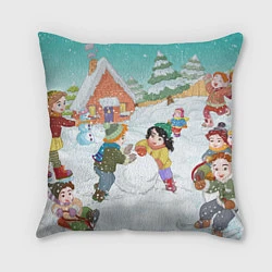 Подушка квадратная Новогодние каникулы - дети лепят снеговика, цвет: 3D-принт