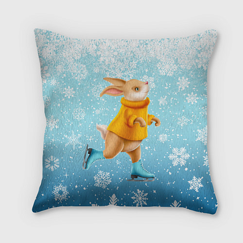 Подушка квадратная Кролик на коньках в снегопад / 3D-принт – фото 1