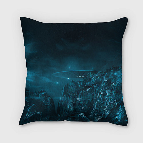 Подушка квадратная Синий космос, горы и нло / 3D-принт – фото 1