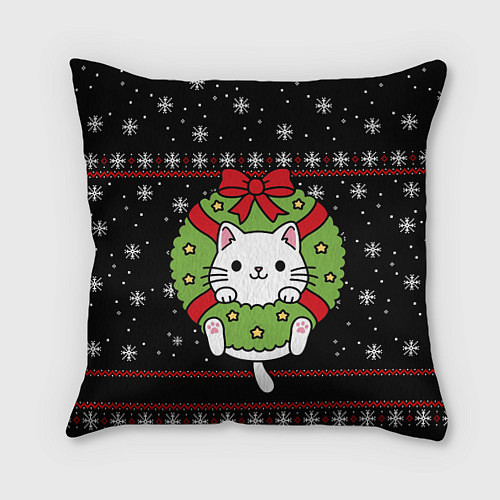Подушка квадратная Рождественский венок с котиком / 3D-принт – фото 1