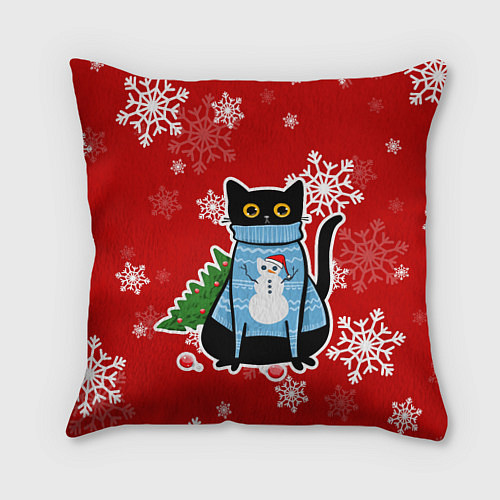 Подушка квадратная Котик в свитере с ёлочкой / 3D-принт – фото 1
