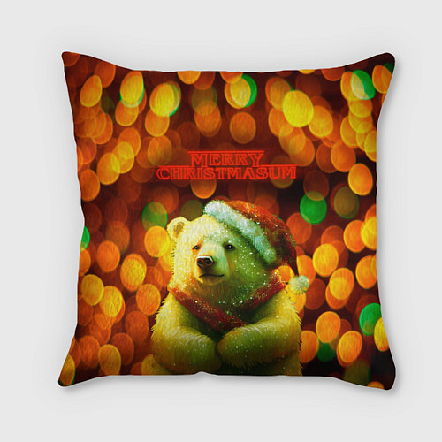 Подушка квадратная Merry Christmas белый медвежонок / 3D-принт – фото 1