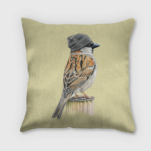 Подушка квадратная Домовый воробей в шапке бини / 3D-принт – фото 1