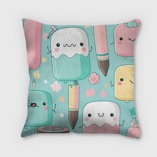 Подушка квадратная Милые предметы с лицами / 3D-принт – фото 1